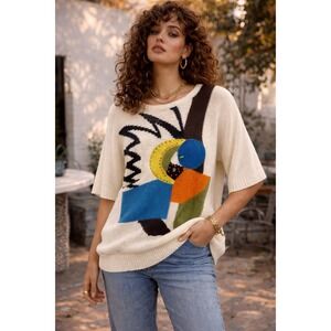 Rochelle California Vintage Abstract Colorblock Beaded Knit Sweater Cream Petite